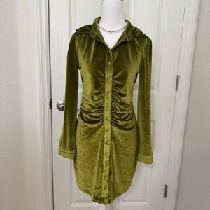 Olive Green Velvet Long Sleeve Collared Dress